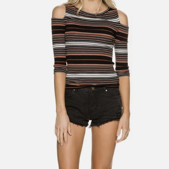 Free People We The Free Black Striped 3/4 Sleeve Rory Cold Shoulder Top - Picture 2 of 5